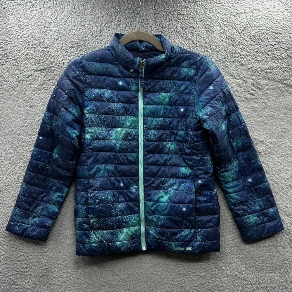 Lands End Kids Large (10-12) Galaxy Print Puffer Jacket Blue Teal Star Full Zip